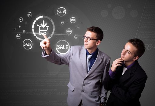 Businessman pressing promotion and shipping type of modern buttons