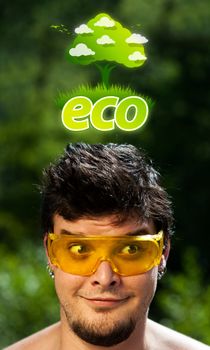 Young persons head looking at green eco sign