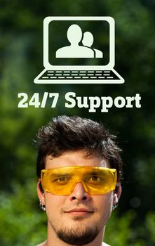 Young persons head looking with gesture at support contact type of icons and signs