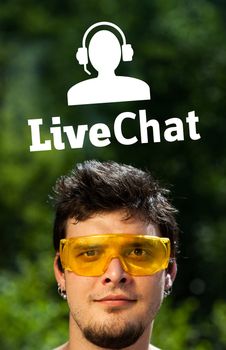 Young persons head looking with gesture at support contact type of icons and signs