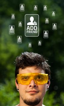 Young persons head looking with gesture at social type of icons and signs