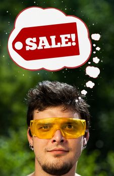Young persons head looking with gesture at shipping and order signs