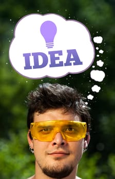 Young persons head looking with gesture at idea type of sign