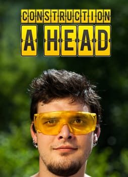 Young persons head looking with gesture at idea type of sign