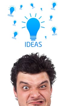 Young persons head looking with gesture at idea type of sign