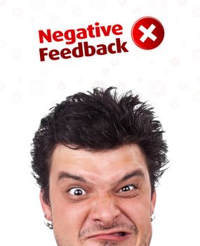 Young persons head looking with gesture at positive negative signs