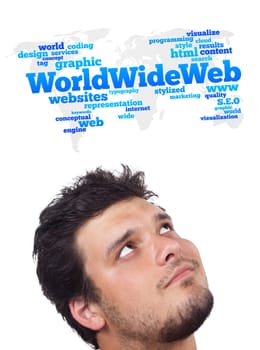 Young persons head looking with gesture at internet type of icons