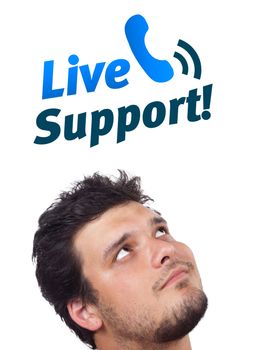 Young persons head looking with gesture at support contact type of icons and signs