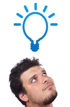 Young persons head looking with gesture at idea type of sign