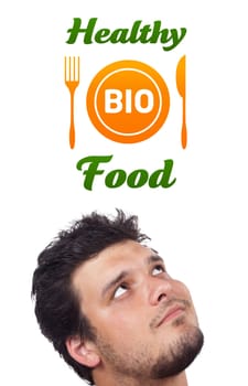 Young persons head looking with gesture at healthy food sign