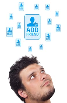 Young persons head looking with gesture at social type of icons and signs