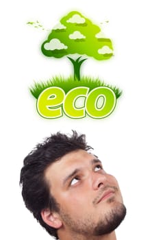 Young persons head looking at green eco sign