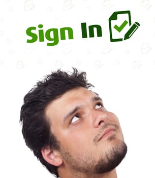 Young persons head looking with gesture at internet type of icons