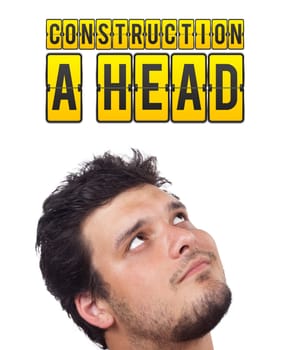 Young persons head looking with gesture at idea type of sign