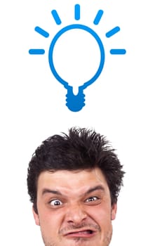 Young persons head looking with gesture at idea type of sign