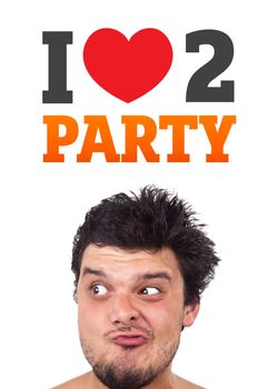 Young persons head looking with gesture at party icons and sign