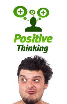 Young persons head looking with gesture at positive negative signs