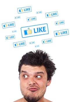 Young persons head looking with gesture at social type of icons and signs