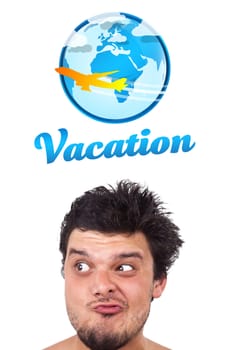 Young persons head looking with gesture at vacation type of sign