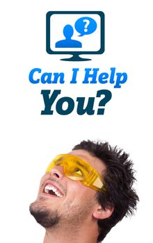 Young persons head looking with gesture at support contact type of icons and signs