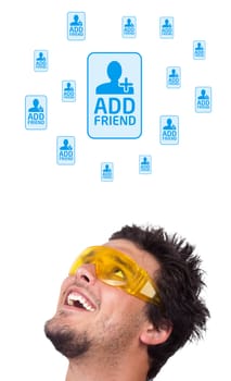 Young persons head looking with gesture at social type of icons and signs