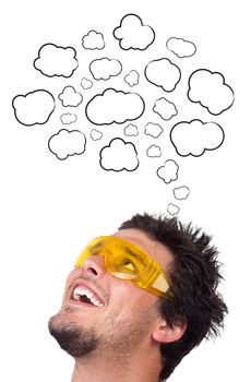 Young persons head thinking about white clouds