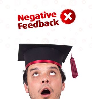 Young persons head looking with gesture at positive negative signs