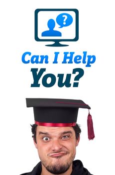 Young persons head looking with gesture at support contact type of icons and signs