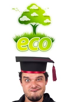 Young persons head looking at green eco sign