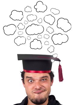 Young persons head thinking about white clouds