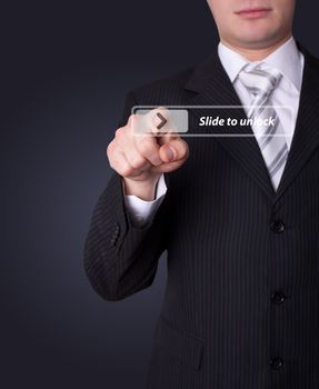 Man hand pressing touch screen button