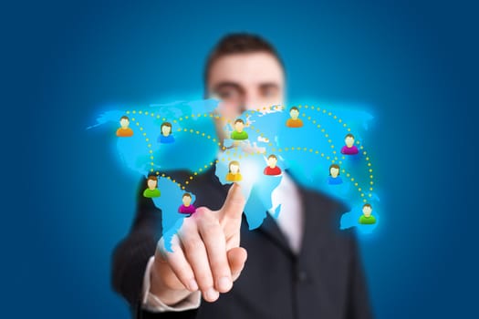 Businessman hand pressing Social network icon