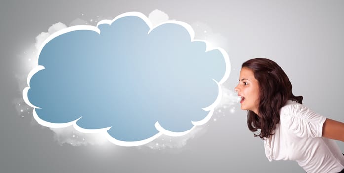 beautiful young woman gesturing with abstract cloud copy space