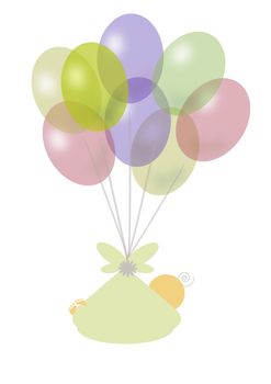 newborn that flies attached to the toy balloons