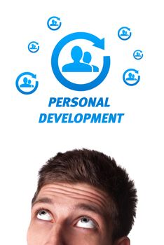 Young persons head looking with gesture at labor type of icons