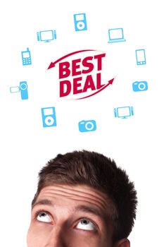 Young persons head looking with gesture at shipping and order signs