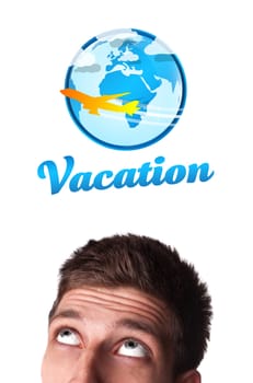 Young persons head looking with gesture at vacation type of sign