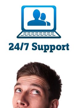 Young persons head looking with gesture at support contact type of icons and signs