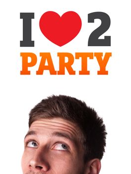Young persons head looking with gesture at party icons and sign