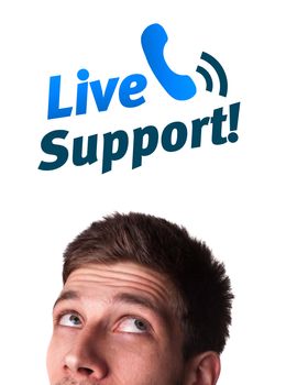 Young persons head looking with gesture at support contact type of icons and signs