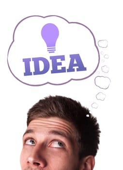 Young persons head looking with gesture at idea type of sign