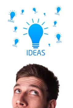 Young persons head looking with gesture at idea type of sign