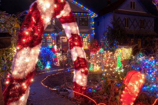 House with entire front yard covered in colorful Christmas lights.