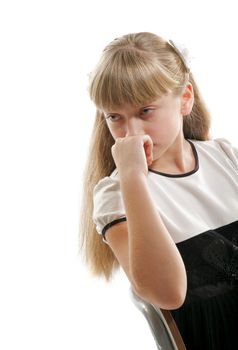 Beautiful Blondi Girl Be Sad and Thinks closeup on white background