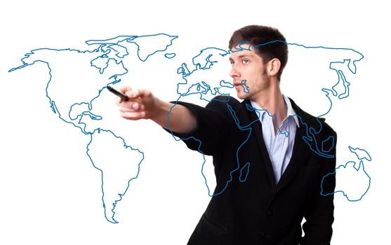 man drawing the world map in a whiteboard