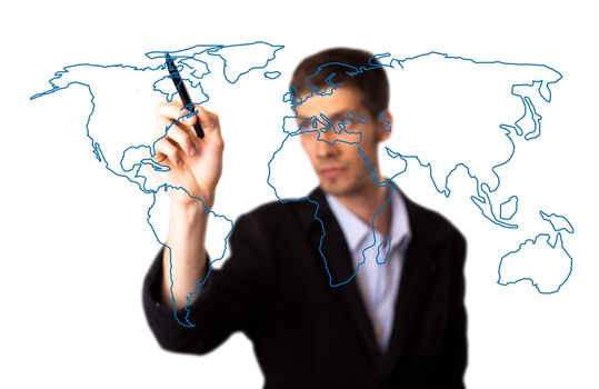 businessman drawing the world map in a whiteboard (on bokeh)