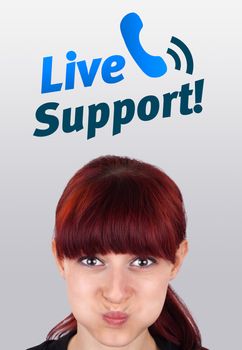 Young girl head looking with gesture at support contact type of icons and signs