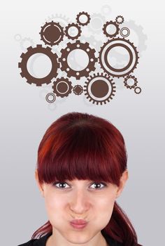 Young girl head looking with gesture at idea type of sign