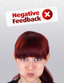 Young girl head looking with gesture at positive negative signs