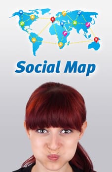 Young girl head looking with gesture at social type of icons and signs